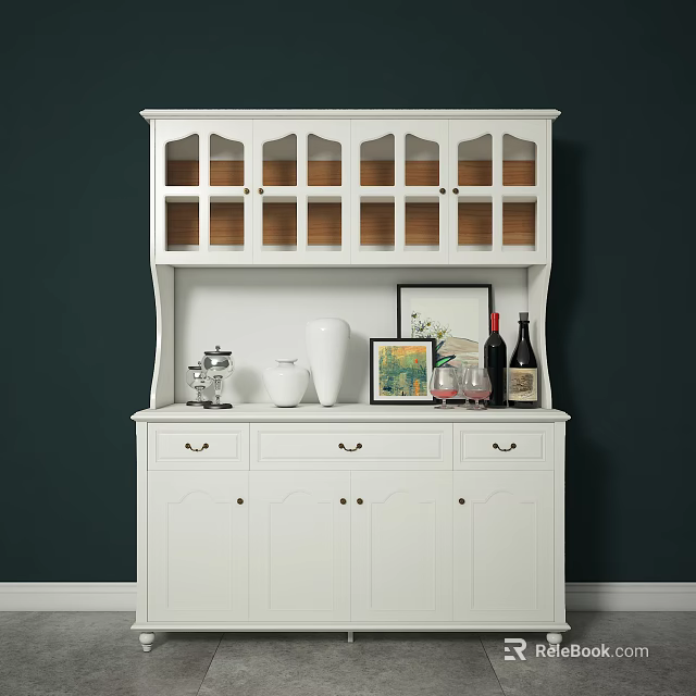 White Decorative Cabinet With Glass Doors Drawers And Vase Wine Bottles On Dark Green Wall 3d model 