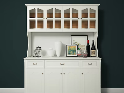 White Decorative Cabinet With Glass Doors Drawers And Vase Wine Bottles On Dark Green Wall 3d model