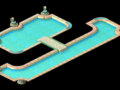 Luxury Swimming Pool Design With Multiple Sections Connecting Bridge And Decorative Fountains 3d model