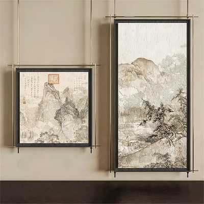 Chinese Traditional Landscape Paintings With Mountain Tree Scenery And Ink Wash Art 3d model