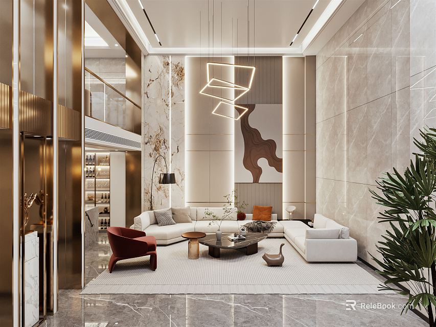 Modern Duplex Living Room Interior With Double Height Chandelier And Marble Walls 3d model 