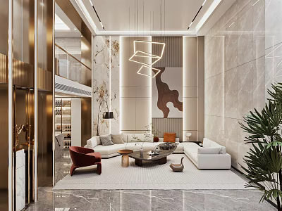 Modern Duplex Living Room Interior With Double Height Chandelier And Marble Walls 3d model