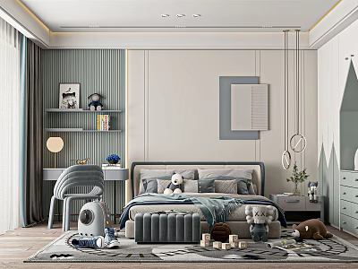 Cozy Modern Kids Room Interior Design With Soft Bed Stuffed Toys Desk And Decorative Paintings 3d model