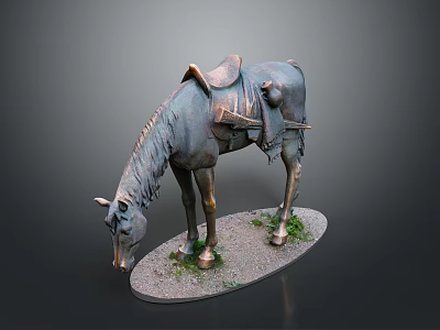 Bronze Horse Statue With Saddle Bowing Head On Grass Covered Base 3d model