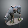 Bronze Horse Statue With Saddle Bowing Head On Grass Covered Base