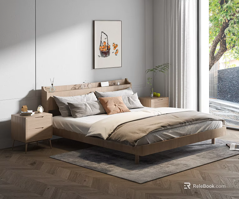 Modern Bedroom With Wooden Double Bed Pillows Nightstands Wall Art And Window View 3d model 