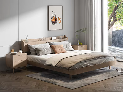 Modern Bedroom With Wooden Double Bed Pillows Nightstands Wall Art And Window View 3d model