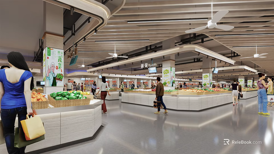 Shopping Mall Fresh Produce Store With Open Display Shelves Customers And Modern Interior Lighting 3d model 