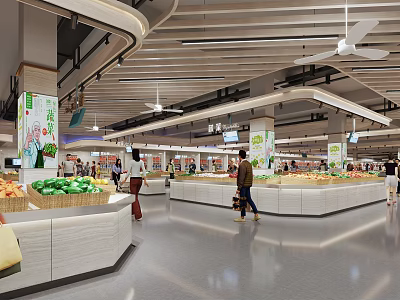 Shopping Mall Fresh Produce Store With Open Display Shelves Customers And Modern Interior Lighting 3d model