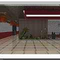Japanese Restaurant With Lattice Wall Potted Pine Blue White Vases Red Ceiling And Stone Landscape