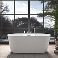 Stylish White Freestanding Bathtub By Large Window With Natural View And Wooden Floor