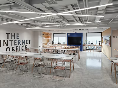 Modern Open Public Office Space With Long Tables Chairs And Large Windows 3d model