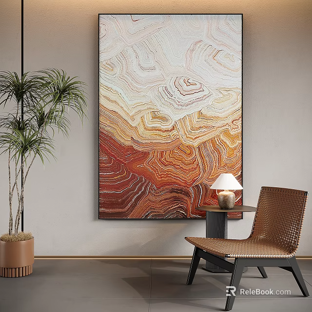 Abstract Painting On Wall With Wavy Orange Red Texture Near Brown Chair Green Plant And Table Lamp 3d model 