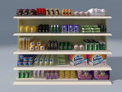 Multi Tiered Retail Display Shelf With Canned Goods Snacks And Packaged Food 3d model