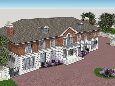 Single Family House With Brick And White Exterior Front Garden Purple Flowers Red Brick Driveway 3d model