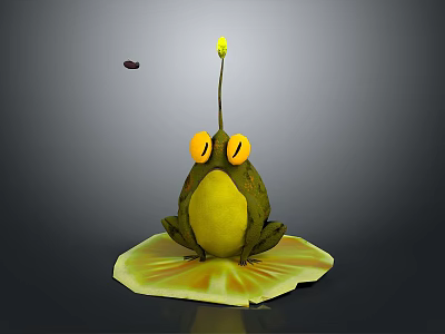 Frog Figurine Sitting On Yellow Lotus Leaf With Yellow Eyes And Stem Flower 3d model