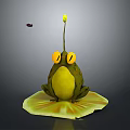 Frog Figurine Sitting On Yellow Lotus Leaf With Yellow Eyes And Stem Flower