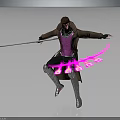 Mysterious Dynamic Warrior Holding Sword Brown Coat Purple Vest Pink Energy Effect And Armored Legs