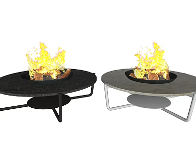 Modern Round Fireplace Design With Burning Flames And Metal Stand In Black And Silver 3d model