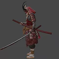 Mythical Samurai Character with Horns and Red Armor as Creature Warrior Holding Sword 3d model