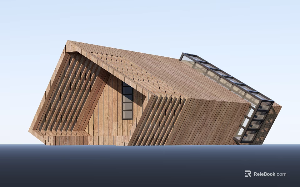 Modern Wooden House Exterior Featuring Geometric Roof Design And Vertical Slats 3d model 