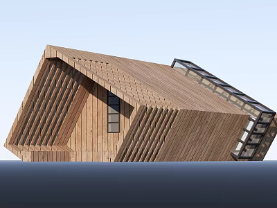 Modern Wooden House Exterior Featuring Geometric Roof Design And Vertical Slats 3d model