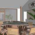 Chinese Style Private Dining Room With Round Marble Table Rattan Chairs And Green Plants