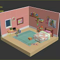 Cartoon Room Scene With Pink Walls Desk Chair Bed And Bookshelf Decorations