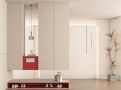 Interior Decoration Entrance Design Light Tone Space Red Embellishment Entrance Cabinet Green Plant Decoration 3d model