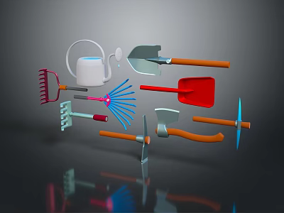 Essential Garden Gadgets Featuring Watering Can Shovel Rake And Hoe 3d model