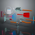 Essential Garden Gadgets Featuring Watering Can Shovel Rake And Hoe 3d model