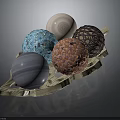Decorative Spheres With Woven Striped Textures And Various Colors On Wooden Tray