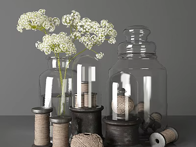 Decorative Ornament Set With White Flowers Clear Glass Vases And Twine Spools 3d model