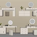 Various Light Colored Dressing Tables With Round Mirrors Drawers Stools And Small Plants 3d model
