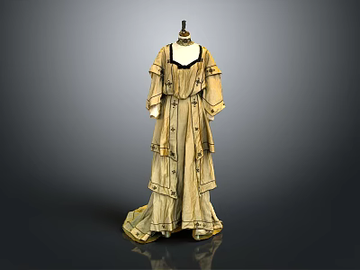Beige Layered Long Dress with Ruffled Sleeves and Decorative Trim Elegant Women's Fashion Design 3d model