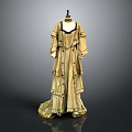 Beige Layered Long Dress with Ruffled Sleeves and Decorative Trim Elegant Women's Fashion Design