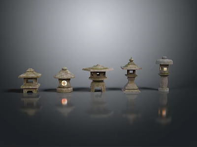 Outdoor Lights Japanese Style Stone Lanterns with Various Designs Traditional Roofs Some Lit for Garden 3d model