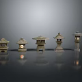 Outdoor Lights Japanese Style Stone Lanterns with Various Designs Traditional Roofs Some Lit for Garden