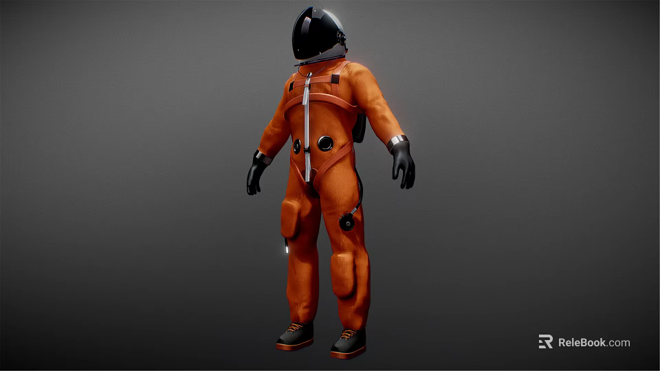 Man Wearing Orange Full Body Spacesuit With Black Helmet Standing Still 3d model 