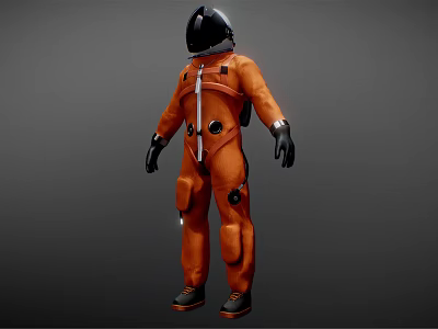 Man Wearing Orange Full Body Spacesuit With Black Helmet Standing Still 3d model