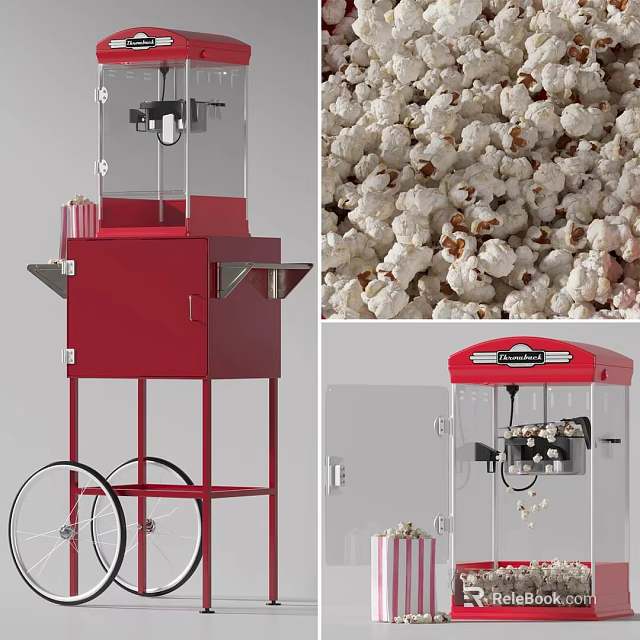 Red Utility Cart Popcorn Machine With Wheels And Fresh Popcorn 3d model