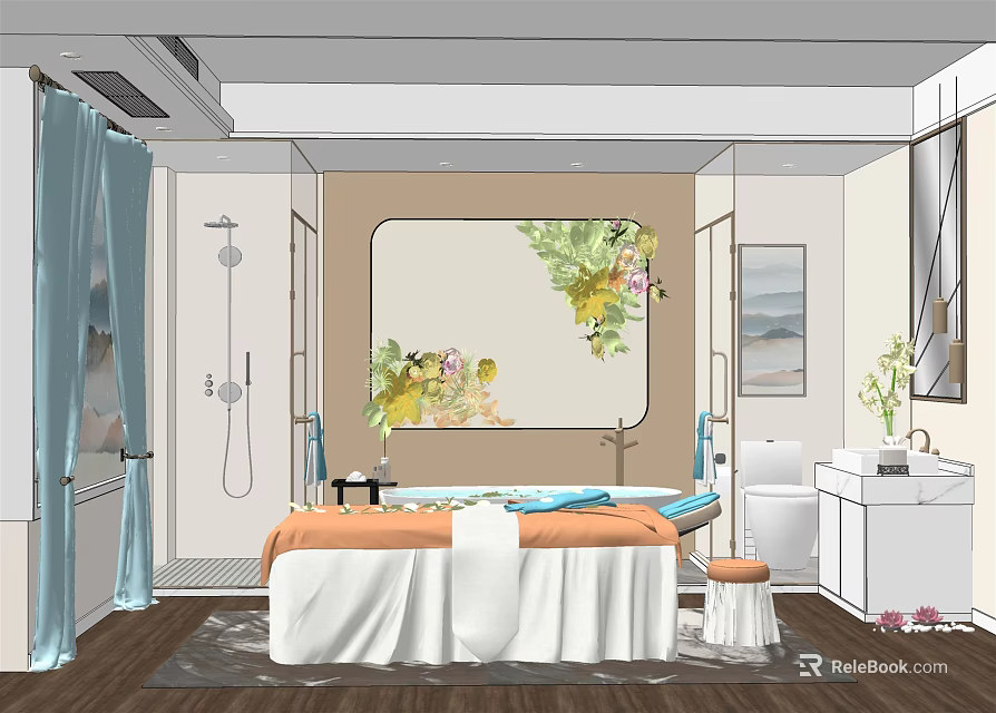 Luxury SPA Sauna Room Interior with Bathtub Treatment Bed Floral Painting and Green Plants 3d model 