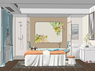 Luxury SPA Sauna Room Interior with Bathtub Treatment Bed Floral Painting and Green Plants 3d model