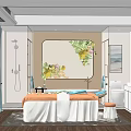 Luxury SPA Sauna Room Interior with Bathtub Treatment Bed Floral Painting and Green Plants