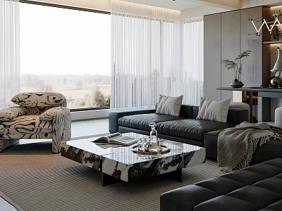 Modern Living Room Interior With Black Sofa Patterned Armchair And Marble Coffee Table 3d model