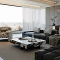 Modern Living Room Interior With Black Sofa Patterned Armchair And Marble Coffee Table