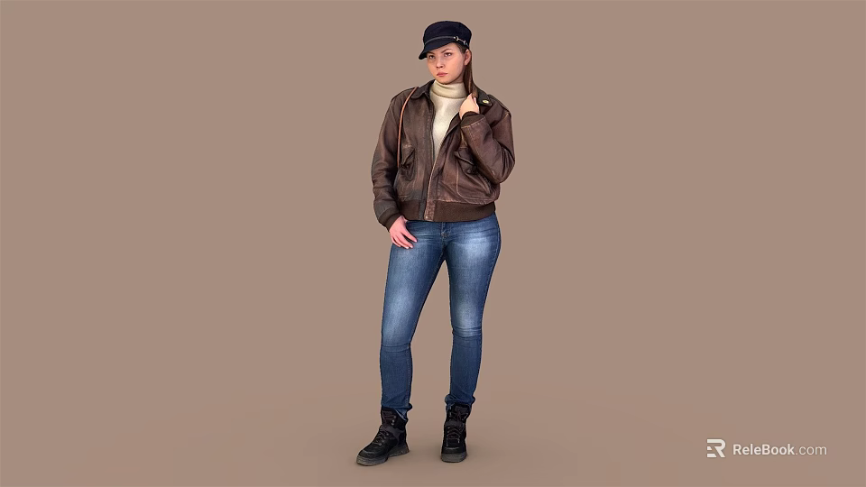 Woman In Brown Leather Jacket Blue Jeans Black Boots And Black Cap On Brown Background 3d model 