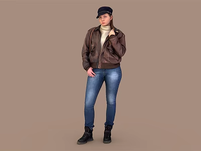 Woman In Brown Leather Jacket Blue Jeans Black Boots And Black Cap On Brown Background 3d model