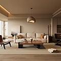 Modern Minimalist Living Room With Beige Sofa Wooden Coffee Table And Pendant Light