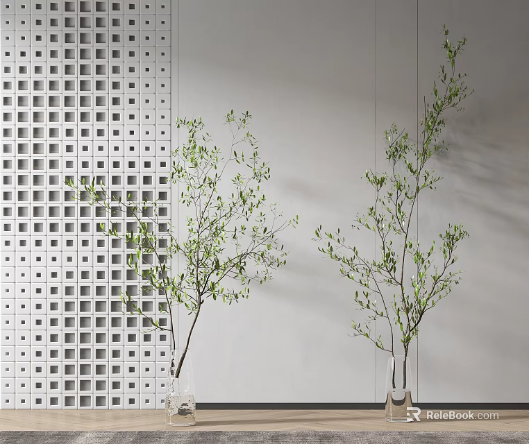 Leafy Green Plants in Transparent Vases Against White Wall with Perforated Panel 3d model 